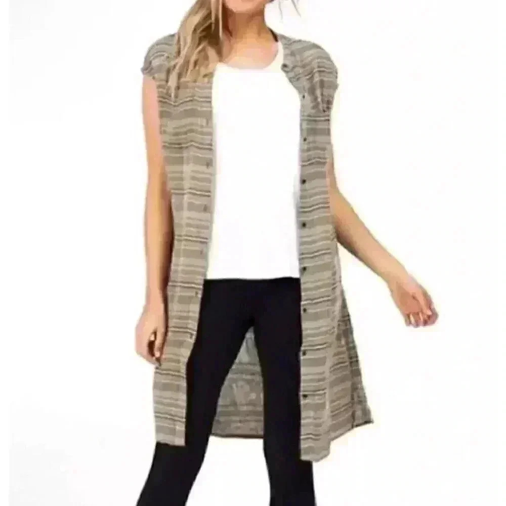 Prana Striped Button Front Buenos Dias Dress - Gray and White